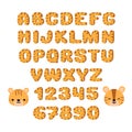 Tiger alphabet. Childish vector font. Cute tiger face.